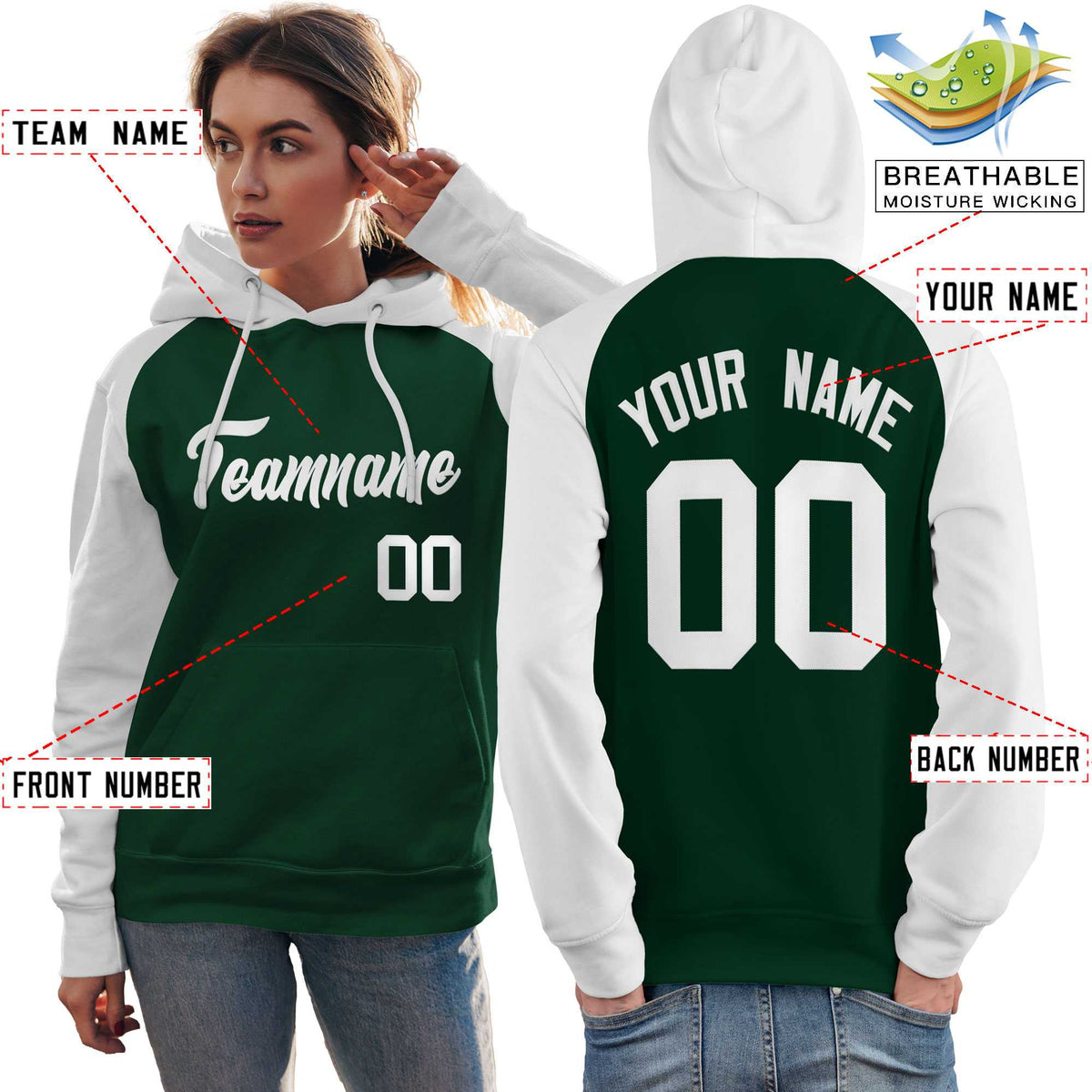 Custom Stitched Green White Raglan Sleeves Sports Pullover Sweatshirt Hoodie For Women| KXKSHOP