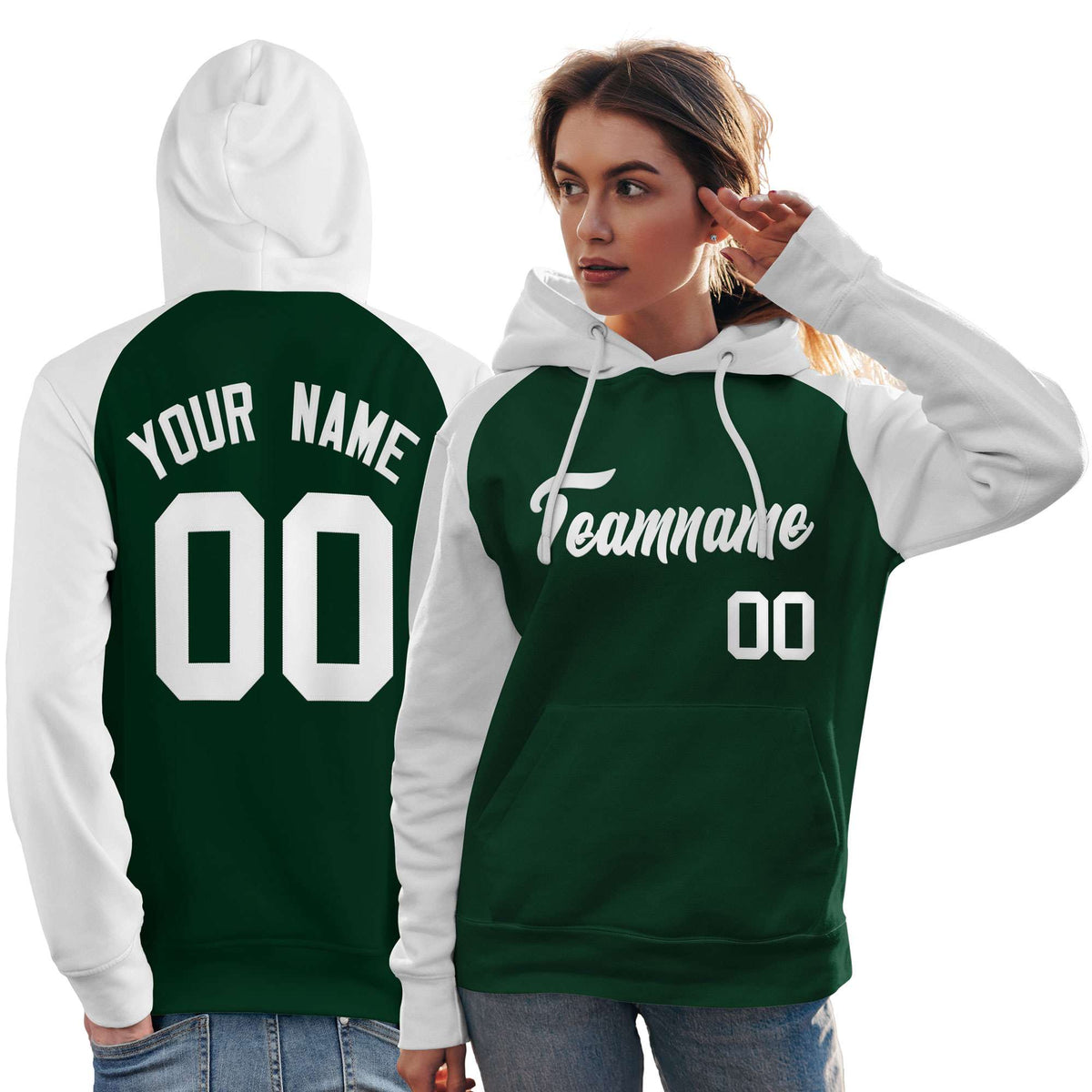 Custom Stitched Green White Raglan Sleeves Sports Pullover Sweatshirt Hoodie For Women| KXKSHOP