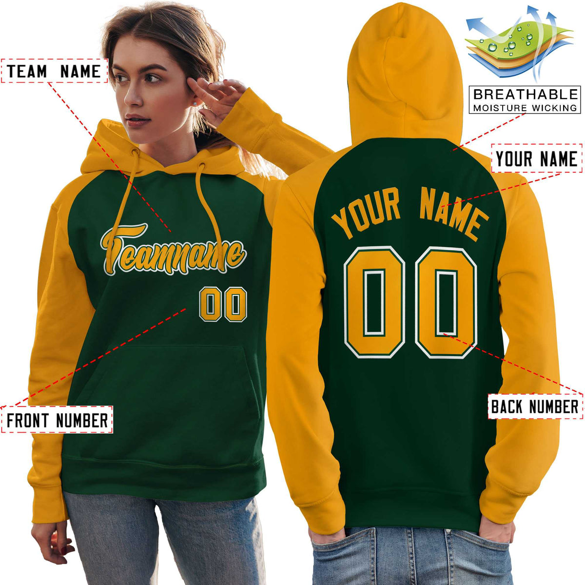 Custom Stitched Green Gold Raglan Sleeves Sports Pullover Sweatshirt Hoodie For Women| KXKSHOP