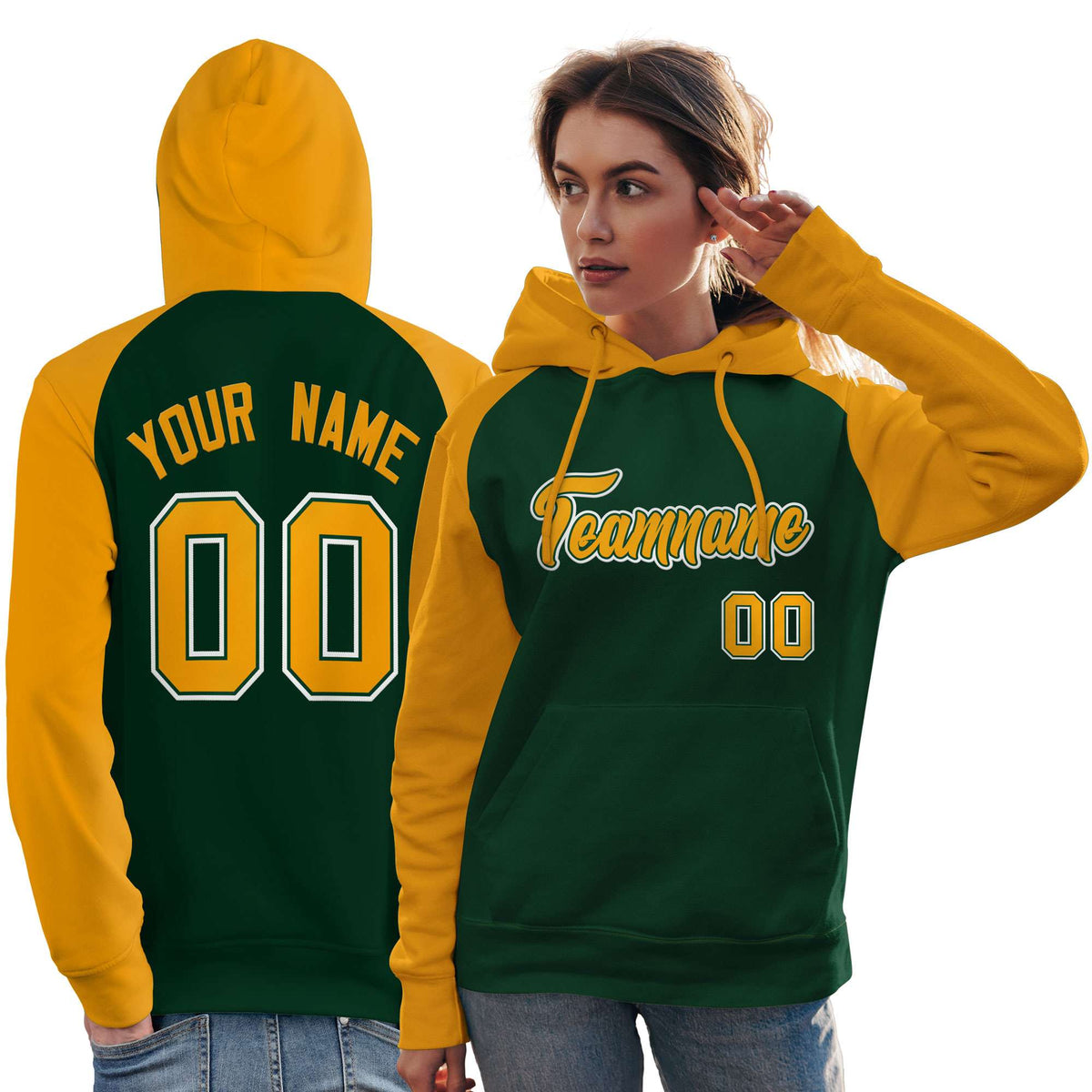 Custom Stitched Green Gold Raglan Sleeves Sports Pullover Sweatshirt Hoodie For Women| KXKSHOP