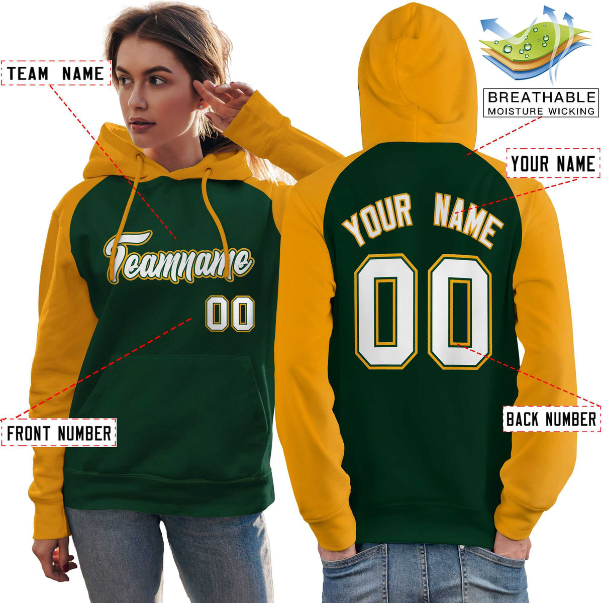 Custom Stitched Green Gold-White Raglan Sleeves Sports Pullover Sweatshirt Hoodie For Women| KXKSHOP
