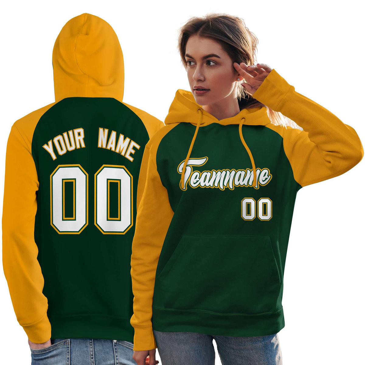 Custom Stitched Green Gold-White Raglan Sleeves Sports Pullover Sweatshirt Hoodie For Women| KXKSHOP