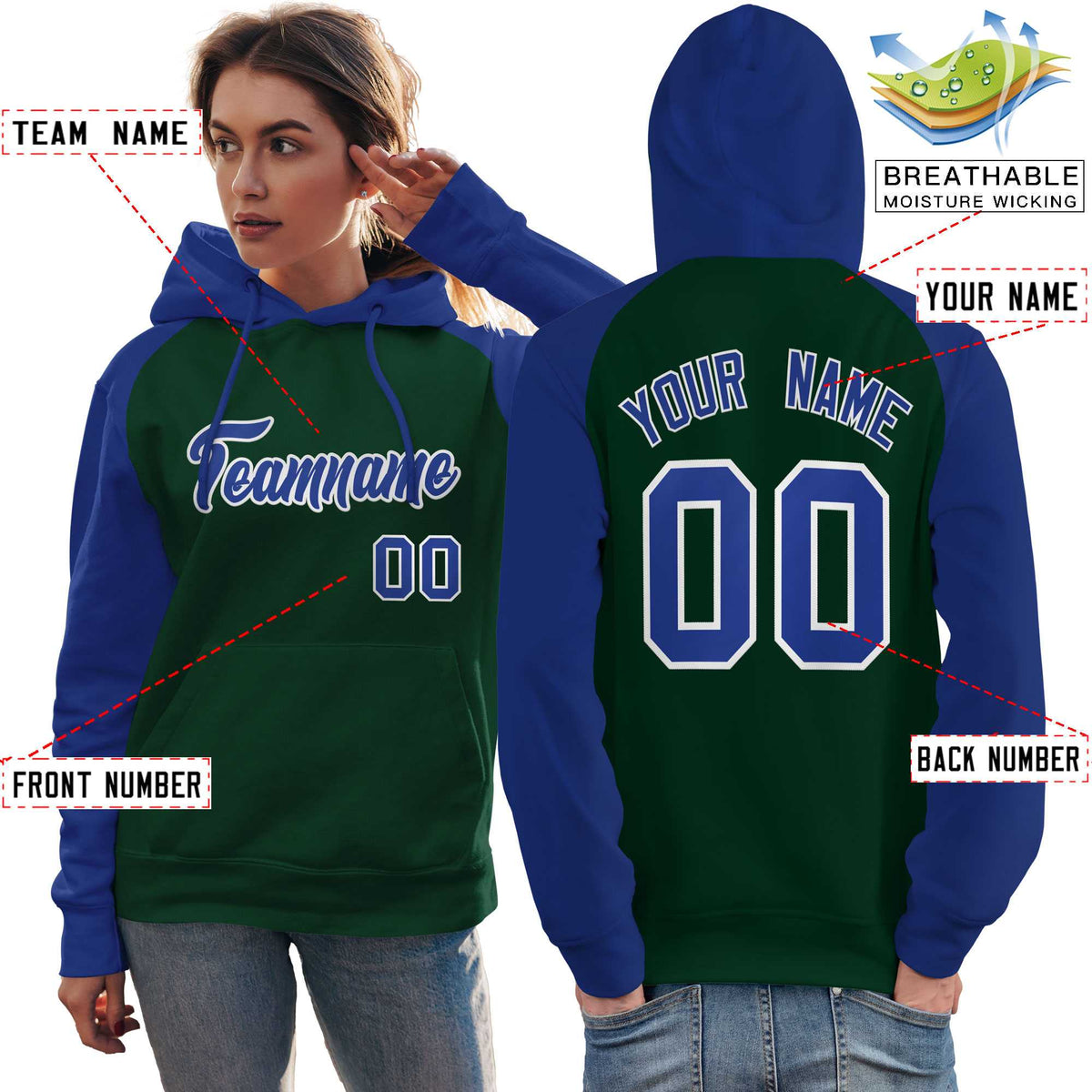 Custom Stitched Green Royal Raglan Sleeves Sports Pullover Sweatshirt Hoodie For Women| KXKSHOP