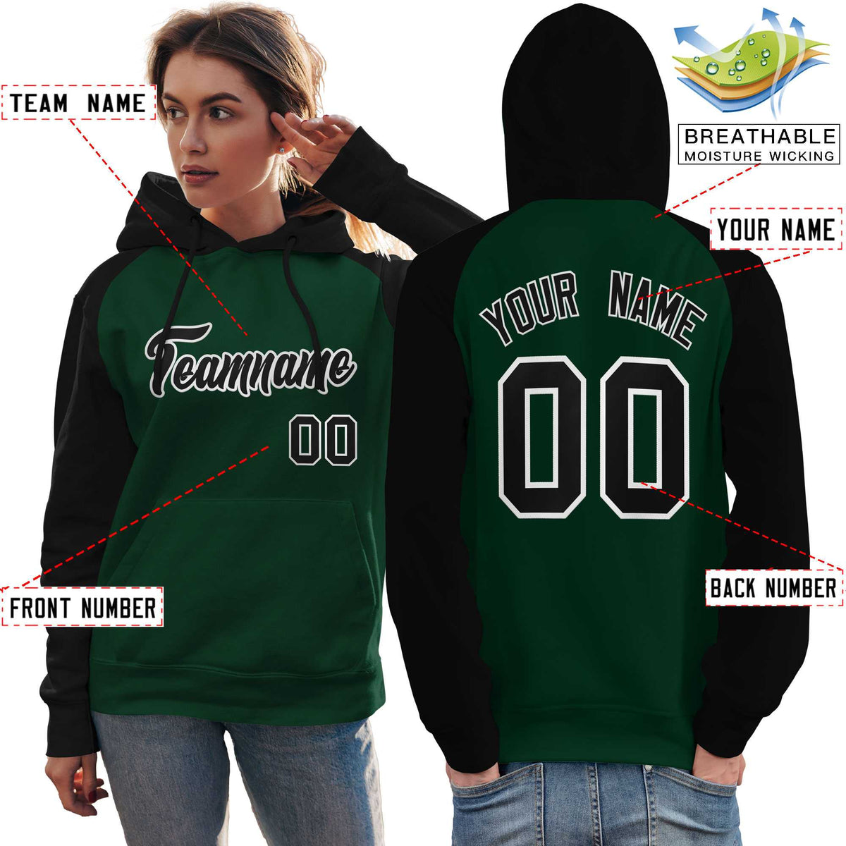 Custom Stitched Green Black Raglan Sleeves Sports Pullover Sweatshirt Hoodie For Women| KXKSHOP