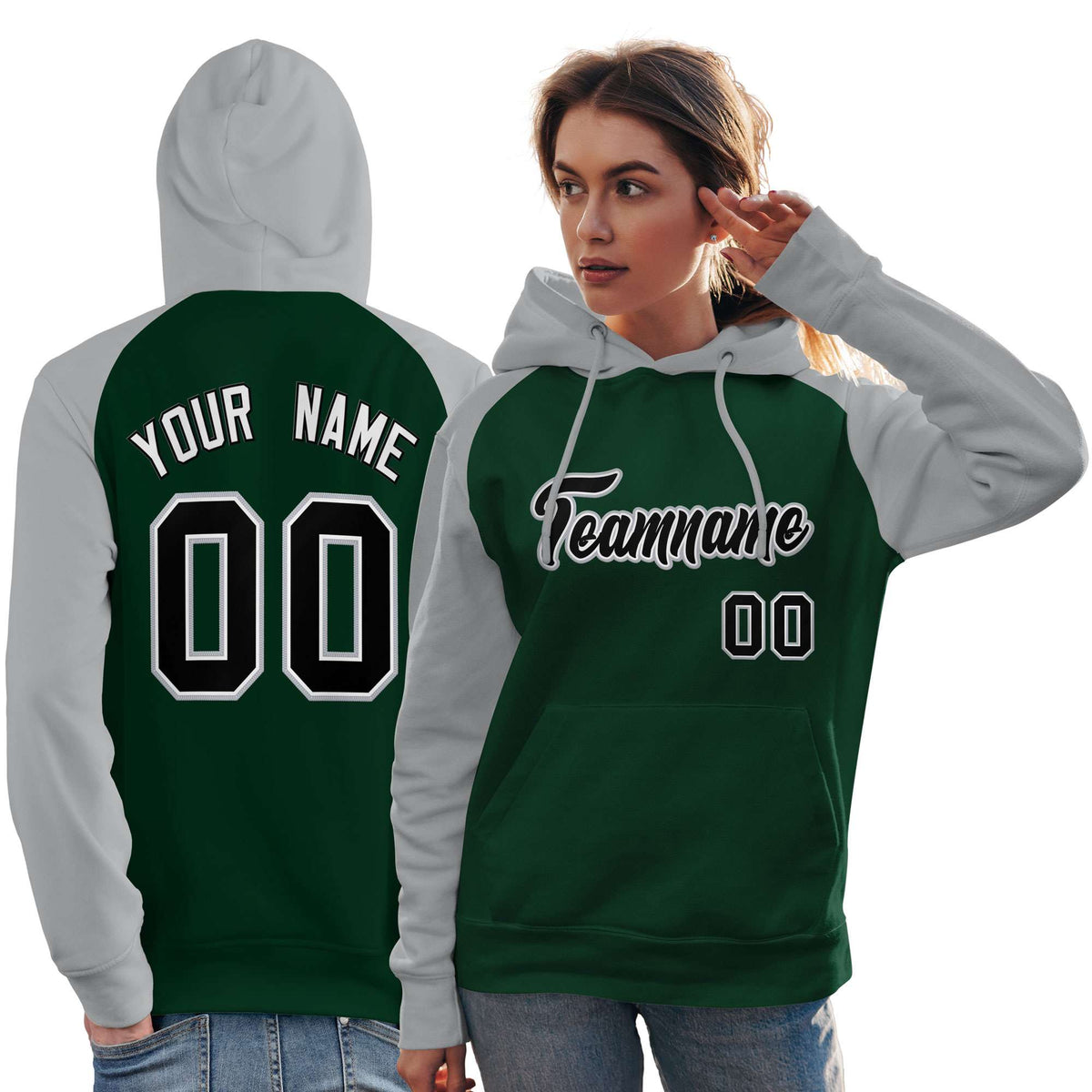 Custom Stitched Green Gray-Black Raglan Sleeves Sports Pullover Sweatshirt Hoodie For Women| KXKSHOP