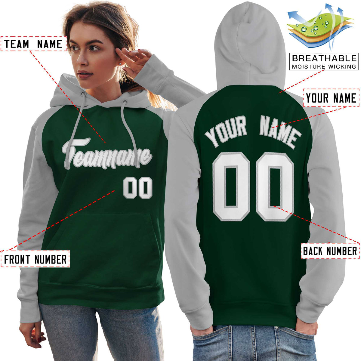 Custom Stitched Green Gray-White Raglan Sleeves Sports Pullover Sweatshirt Hoodie For Women| KXKSHOP