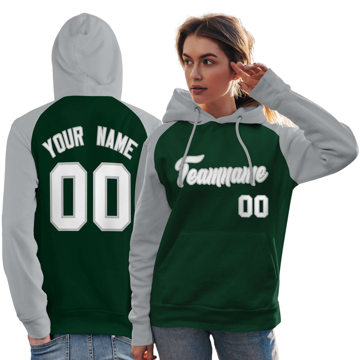 Custom Stitched Green Gray-White Raglan Sleeves Sports Pullover Sweatshirt Hoodie For Women| KXKSHOP