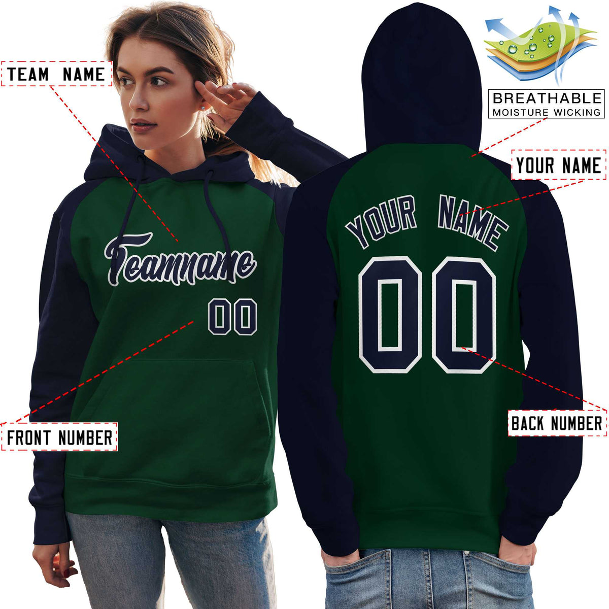 Custom Stitched Green Navy Raglan Sleeves Sports Pullover Sweatshirt Hoodie For Women| KXKSHOP