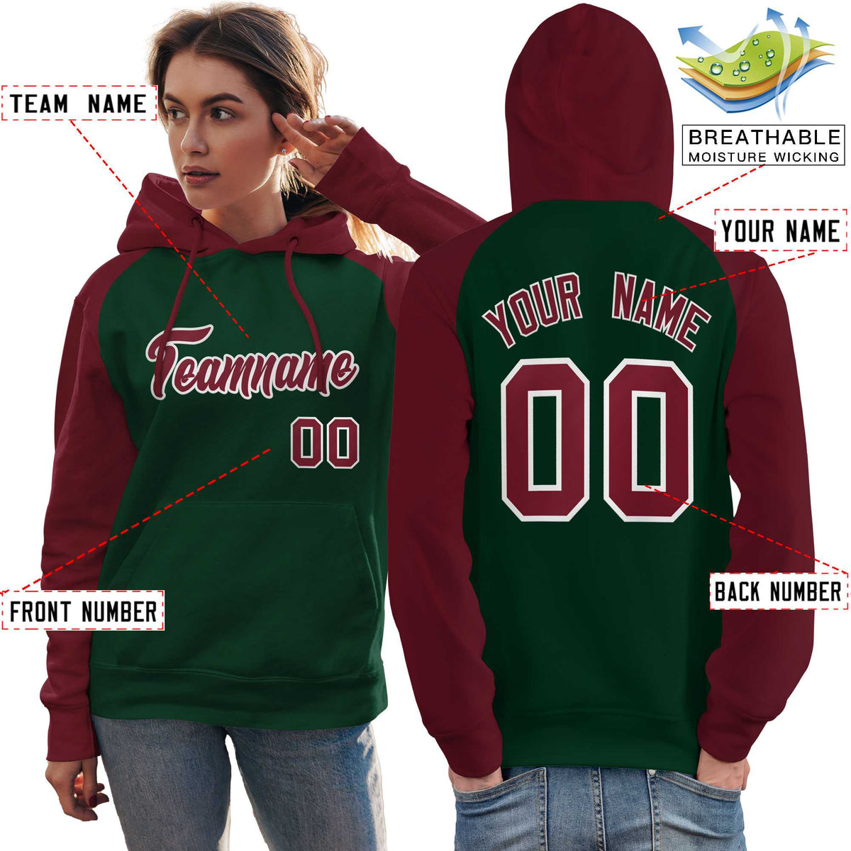 Custom Stitched Green Crimson Raglan Sleeves Sports Pullover Sweatshirt Hoodie For Women| KXKSHOP