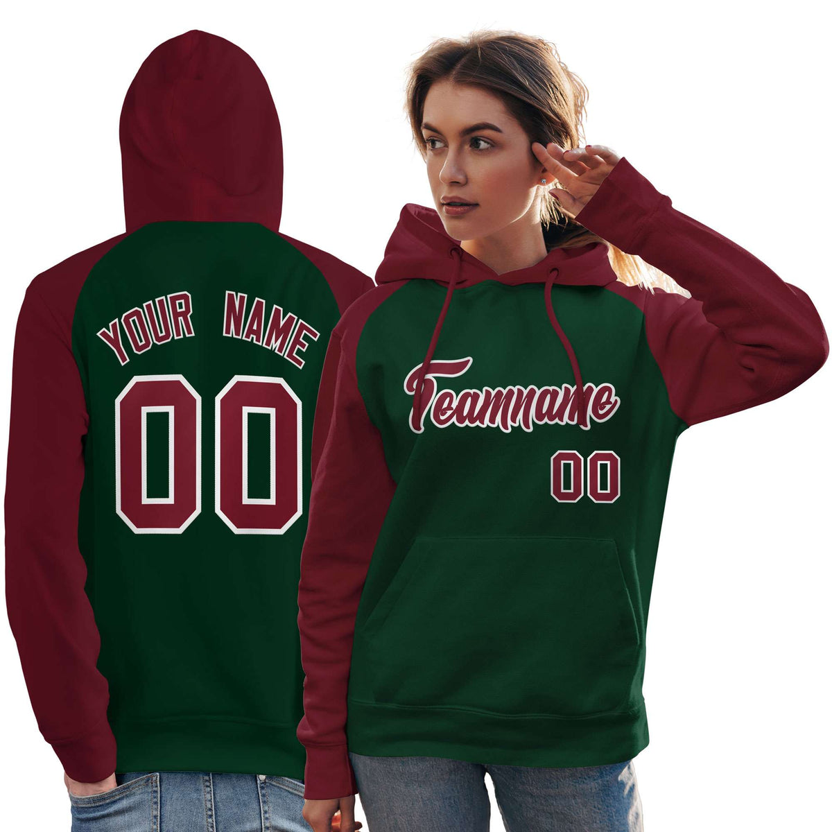 Custom Stitched Green Crimson Raglan Sleeves Sports Pullover Sweatshirt Hoodie For Women| KXKSHOP