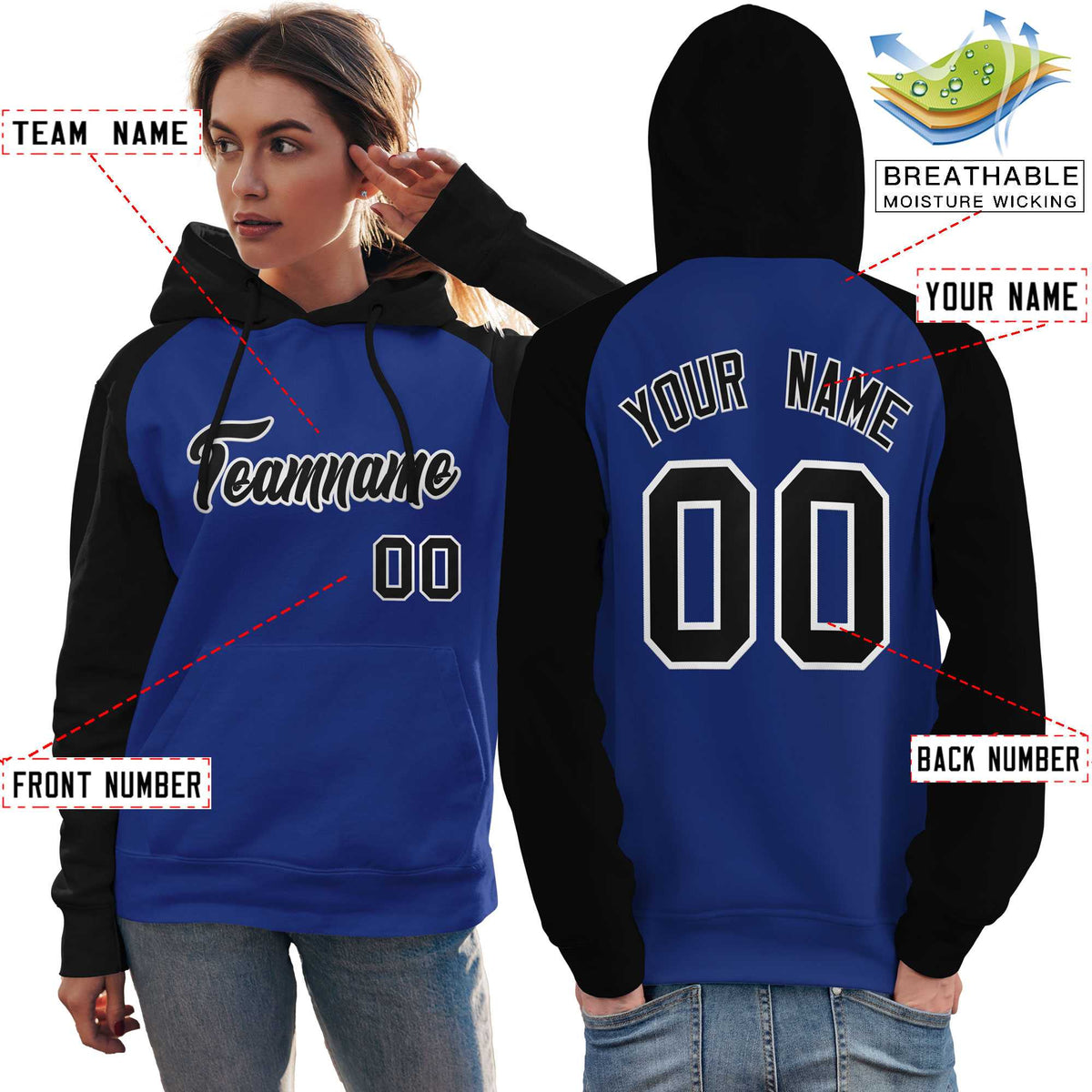 Custom Stitched Royal Black Raglan Sleeves Sports Pullover Sweatshirt Hoodie For Women| KXKSHOP