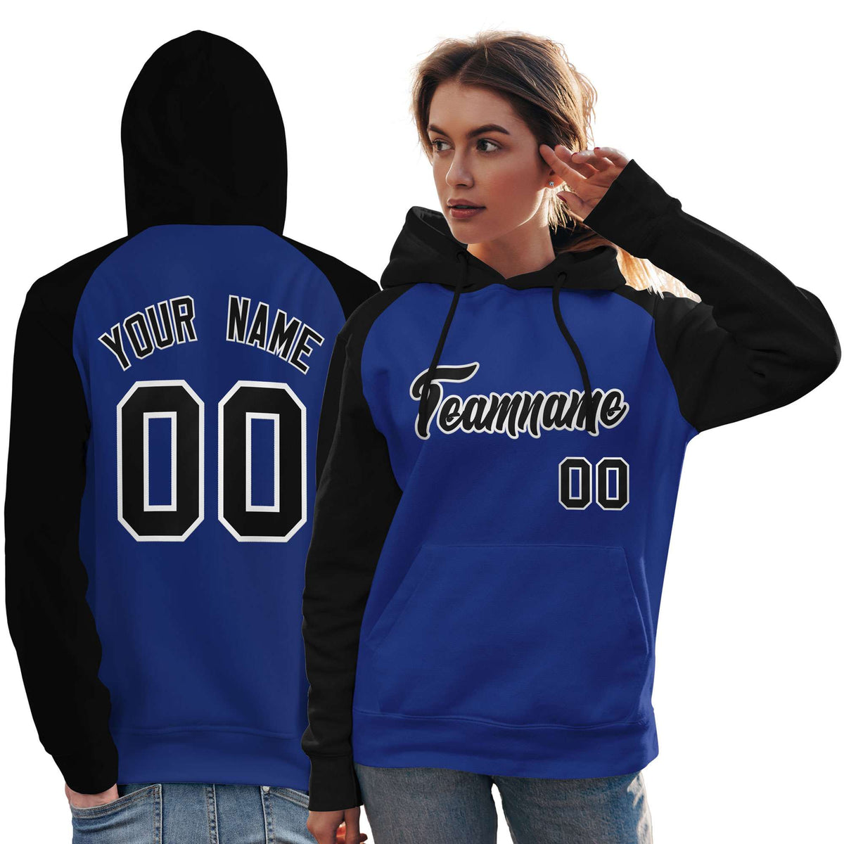 Custom Stitched Royal Black Raglan Sleeves Sports Pullover Sweatshirt Hoodie For Women| KXKSHOP