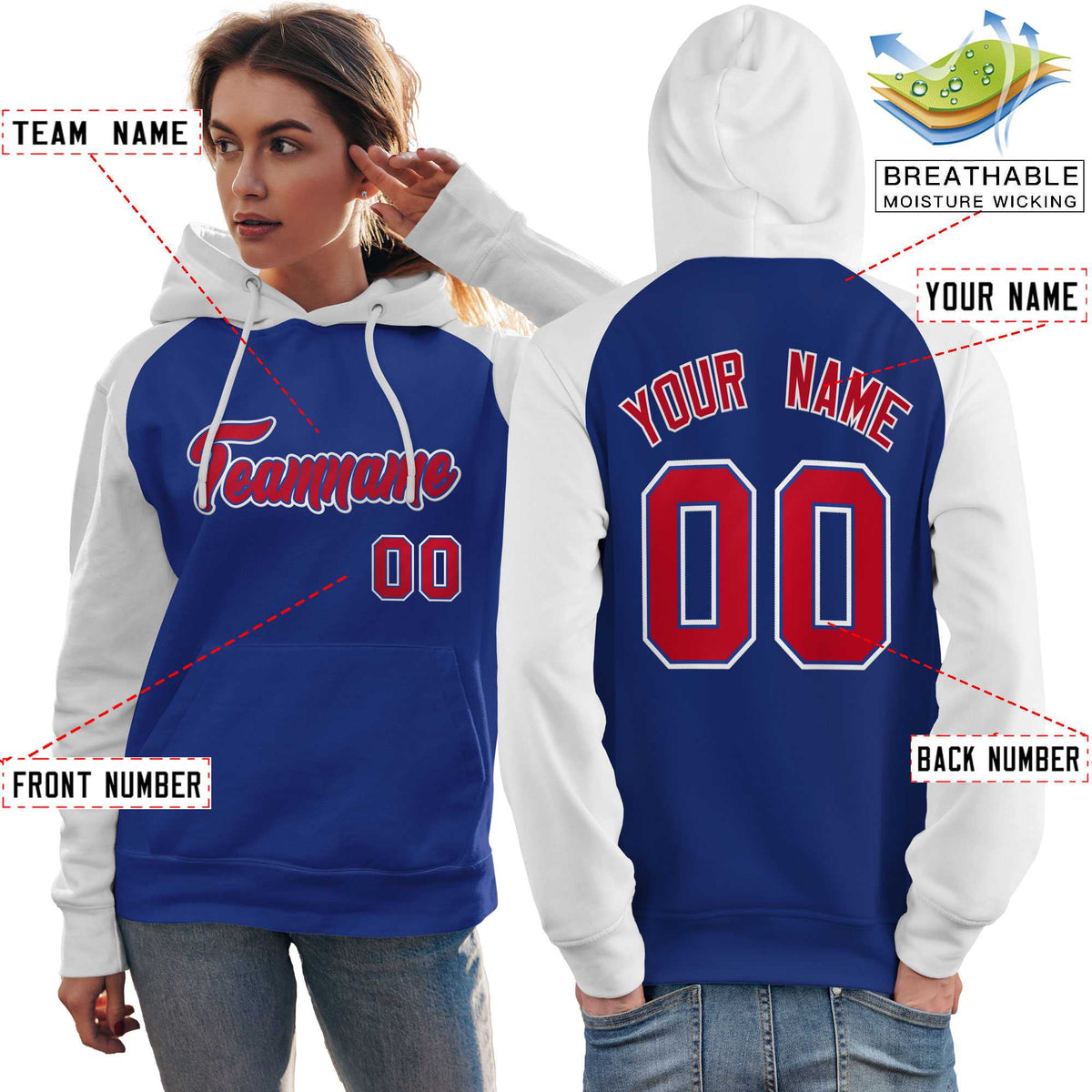 Custom Stitched Royal White-Red Raglan Sleeves Sports Pullover Sweatshirt Hoodie For Women| KXKSHOP