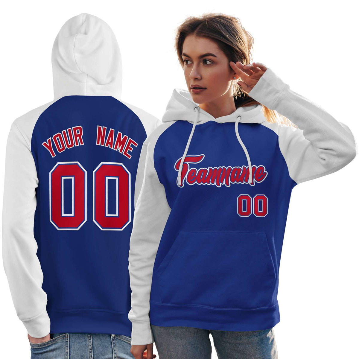 Custom Stitched Royal White-Red Raglan Sleeves Sports Pullover Sweatshirt Hoodie For Women| KXKSHOP