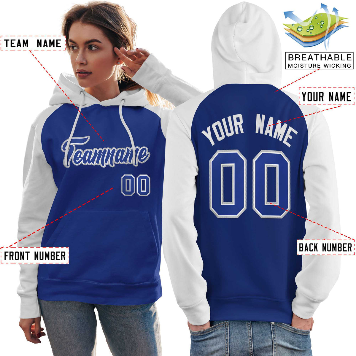 Custom Stitched Royal White Raglan Sleeves Sports Pullover Sweatshirt Hoodie For Women| KXKSHOP