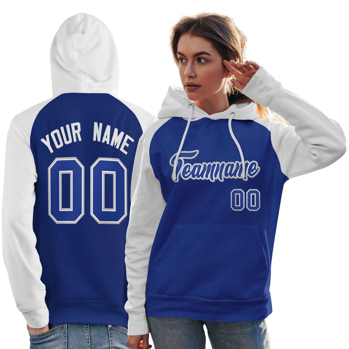 Custom Stitched Royal White Raglan Sleeves Sports Pullover Sweatshirt Hoodie For Women| KXKSHOP