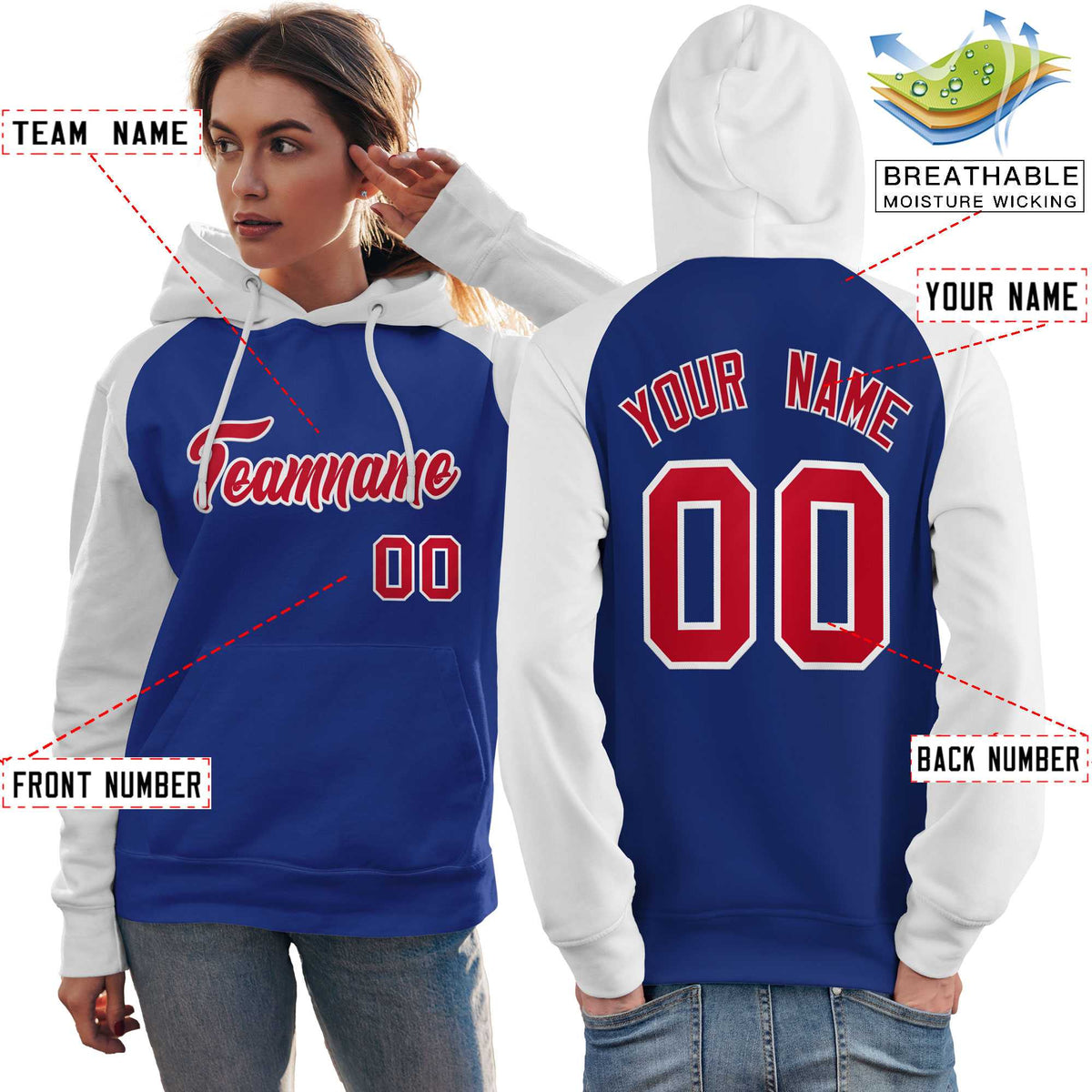 Custom Stitched Royal White-Red Raglan Sleeves Sports Pullover Sweatshirt Hoodie For Women| KXKSHOP
