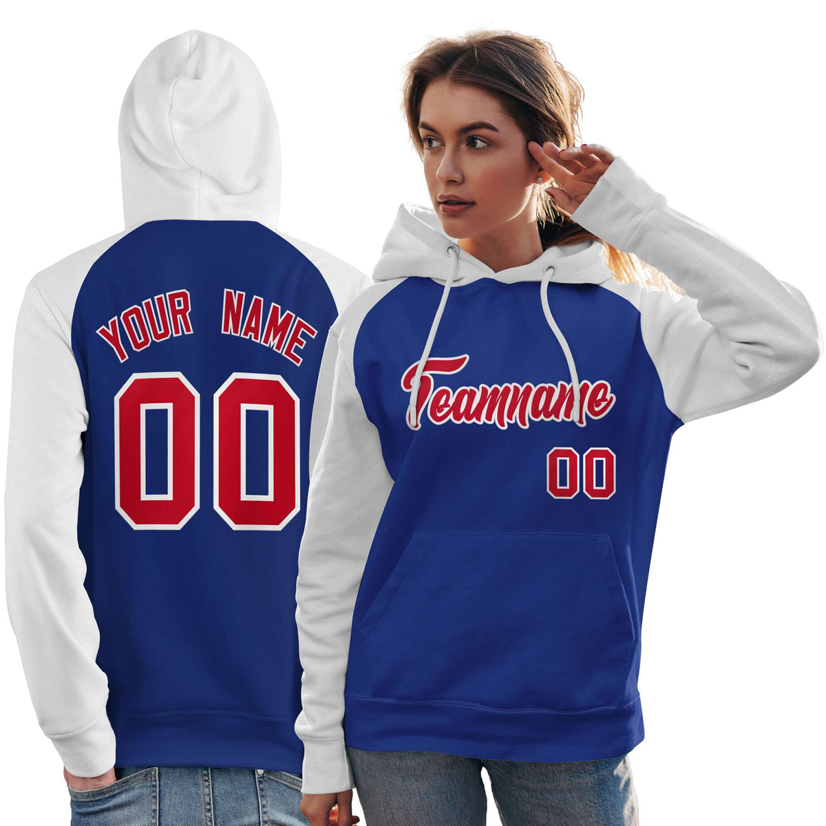Custom Stitched Royal White-Red Raglan Sleeves Sports Pullover Sweatshirt Hoodie For Women| KXKSHOP