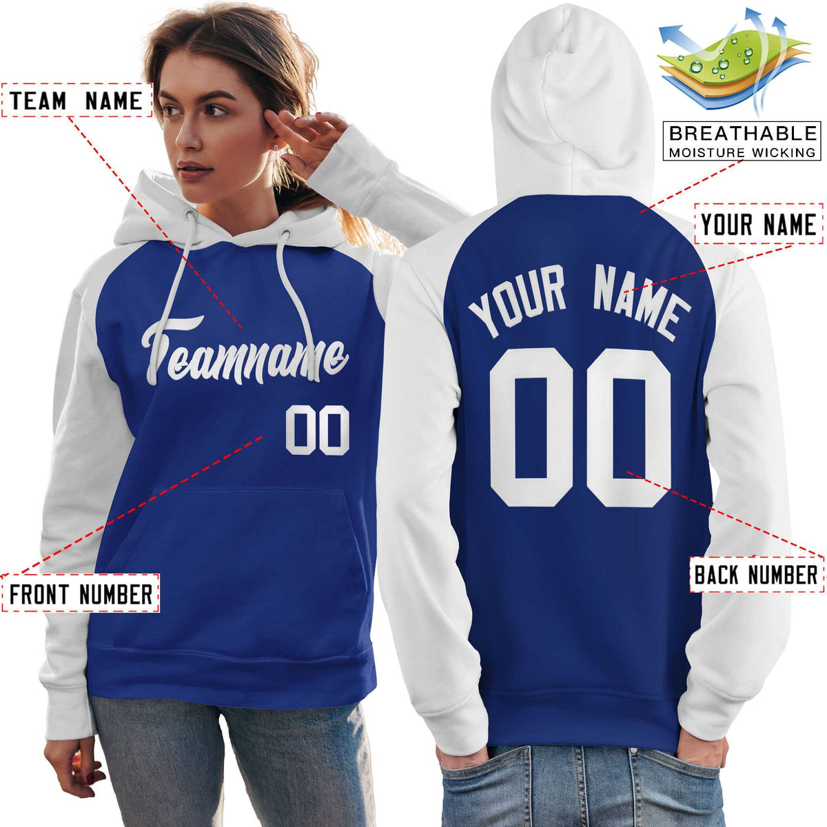Custom Stitched Royal White Raglan Sleeves Sports Pullover Sweatshirt Hoodie For Women| KXKSHOP