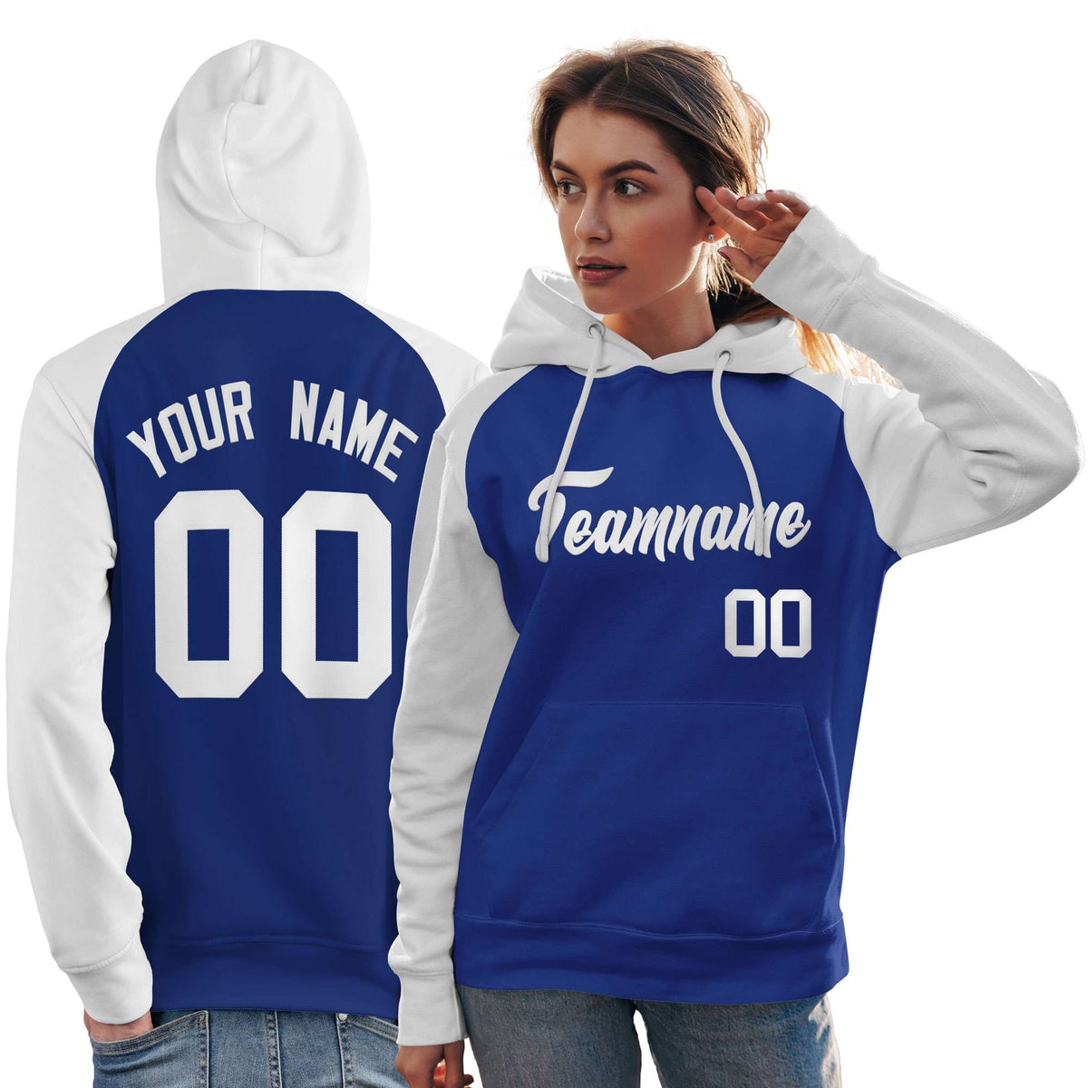 Custom Stitched Royal White Raglan Sleeves Sports Pullover Sweatshirt Hoodie For Women| KXKSHOP