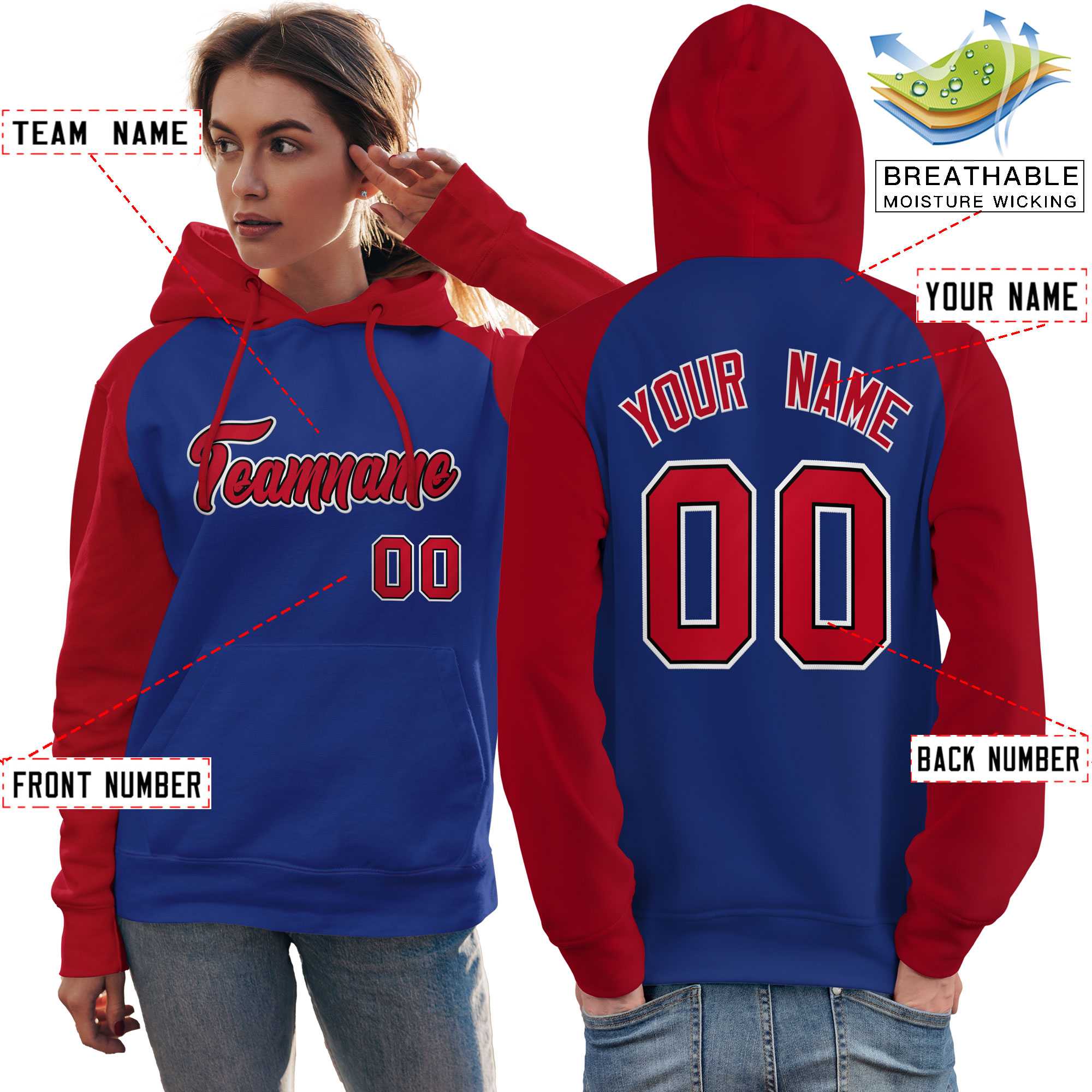 Custom Stitched Royal Red Raglan Sleeves Sports Pullover Sweatshirt Hoodie For Women| KXKSHOP