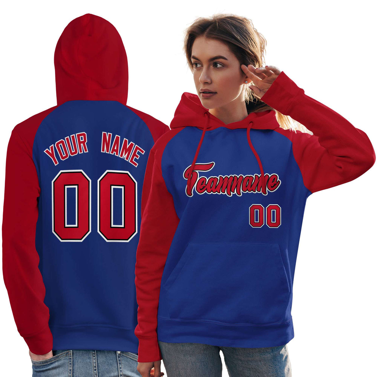 Custom Stitched Royal Red Raglan Sleeves Sports Pullover Sweatshirt Hoodie For Women| KXKSHOP