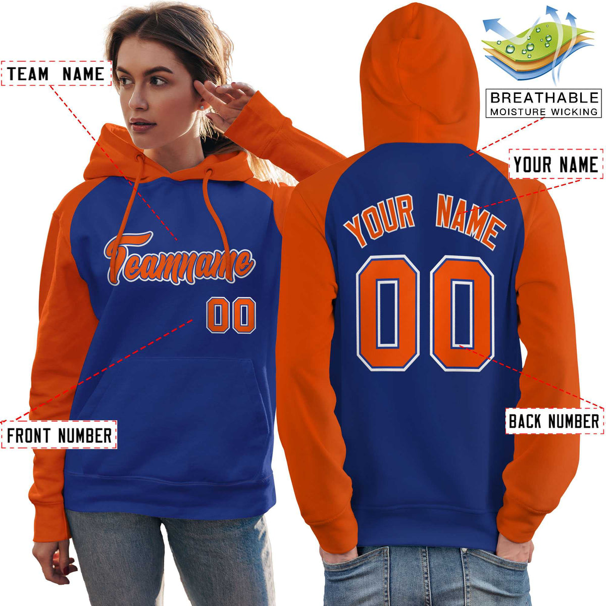 Custom Stitched Royal Orange Raglan Sleeves Sports Pullover Sweatshirt Hoodie For Women| KXKSHOP