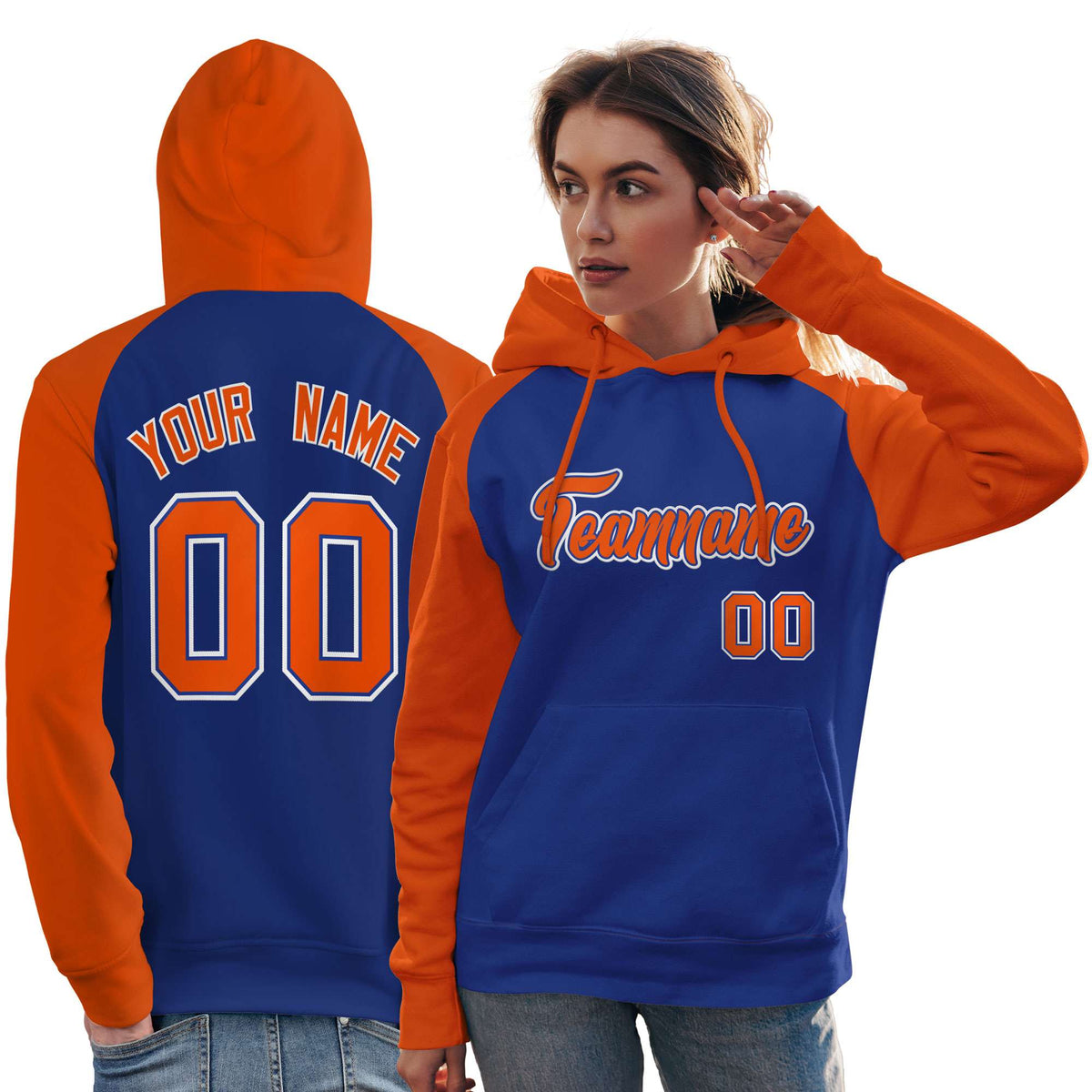 Custom Stitched Royal Orange Raglan Sleeves Sports Pullover Sweatshirt Hoodie For Women| KXKSHOP