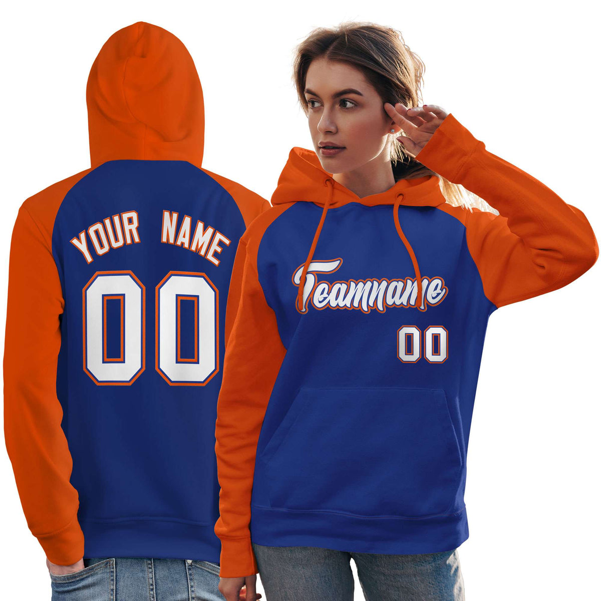 Custom Stitched Royal Orange-White Raglan Sleeves Sports Pullover Sweatshirt Hoodie For Women| KXKSHOP