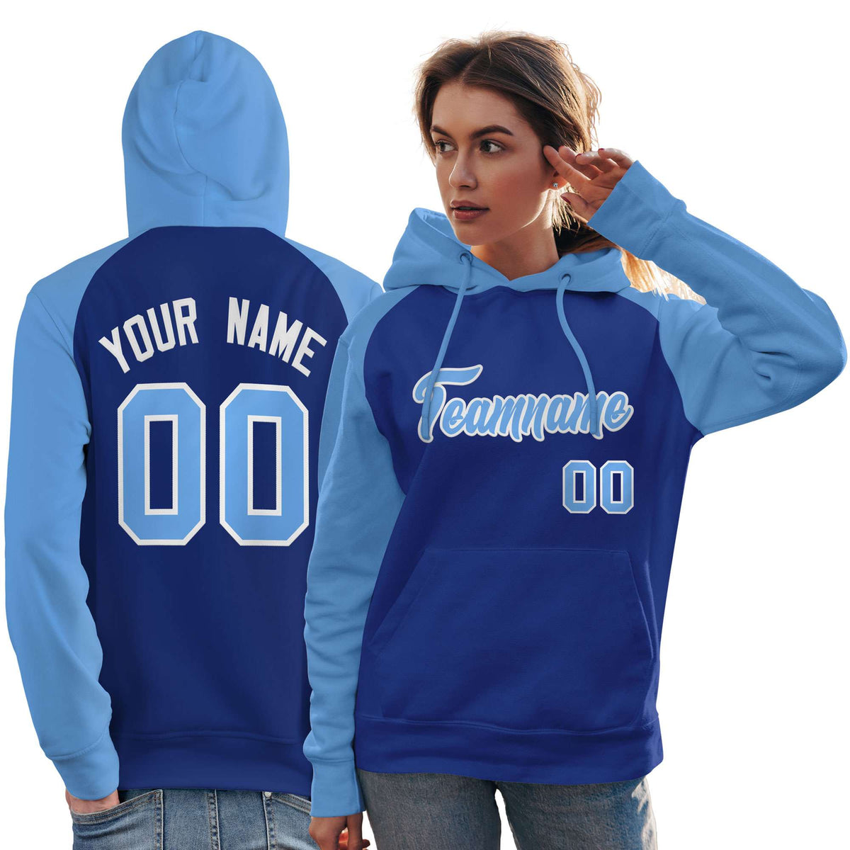 Custom Stitched Royal Powder Blue Raglan Sleeves Sports Pullover Sweatshirt Hoodie For Women| KXKSHOP