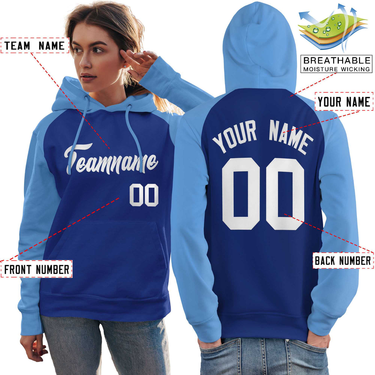 Custom Stitched Royal Powder Blue-White Raglan Sleeves Sports Pullover Sweatshirt Hoodie For Women| KXKSHOP