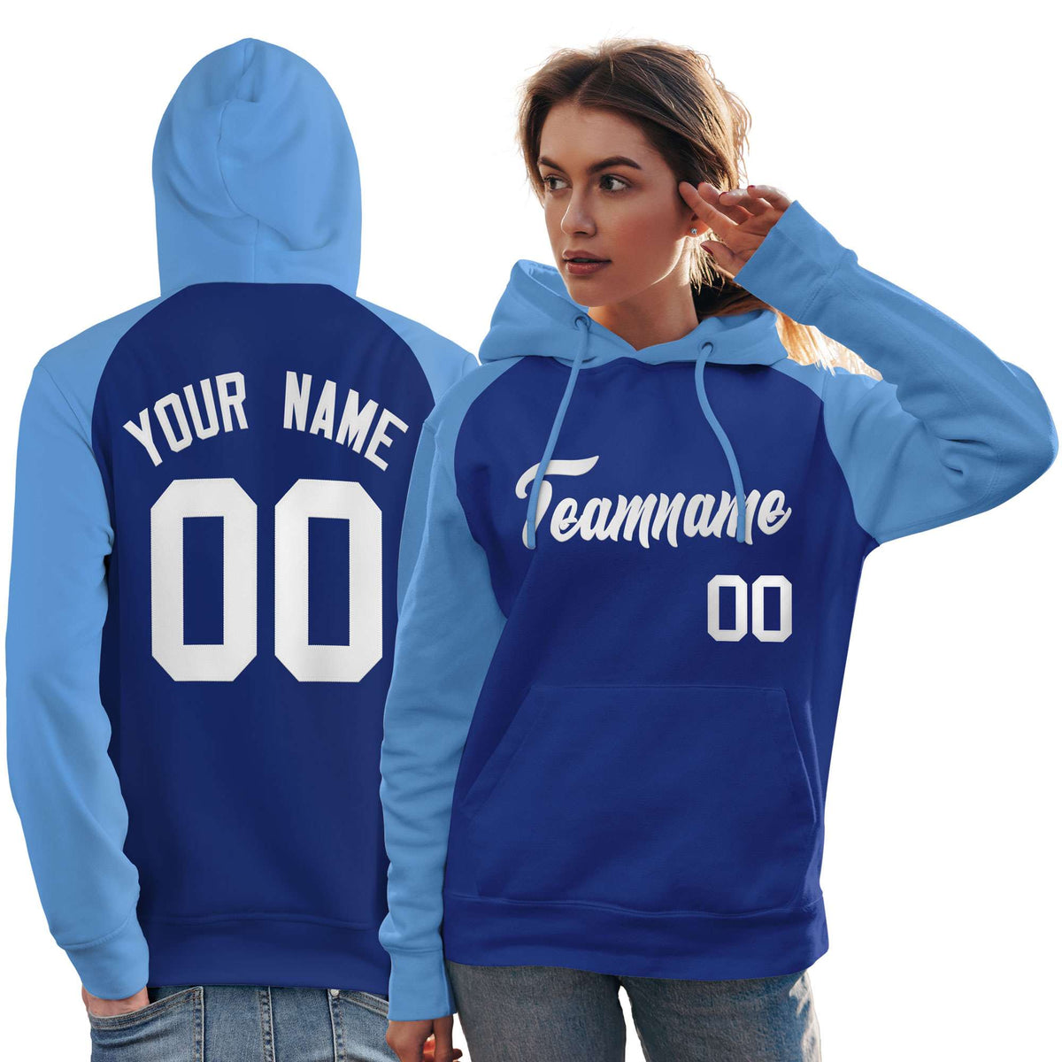 Custom Stitched Royal Powder Blue-White Raglan Sleeves Sports Pullover Sweatshirt Hoodie For Women| KXKSHOP