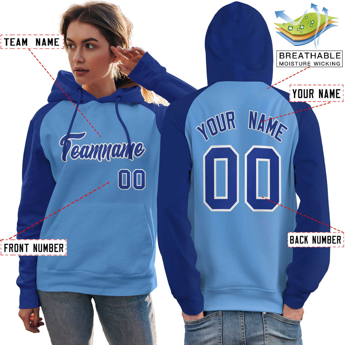 Custom Stitched Powder Blue Royal Raglan Sleeves Sports Pullover Sweatshirt Hoodie For Women| KXKSHOP