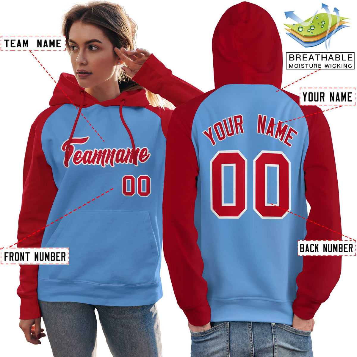 Custom Stitched Powder Blue Red Raglan Sleeves Sports Pullover Sweatshirt Hoodie For Women| KXKSHOP