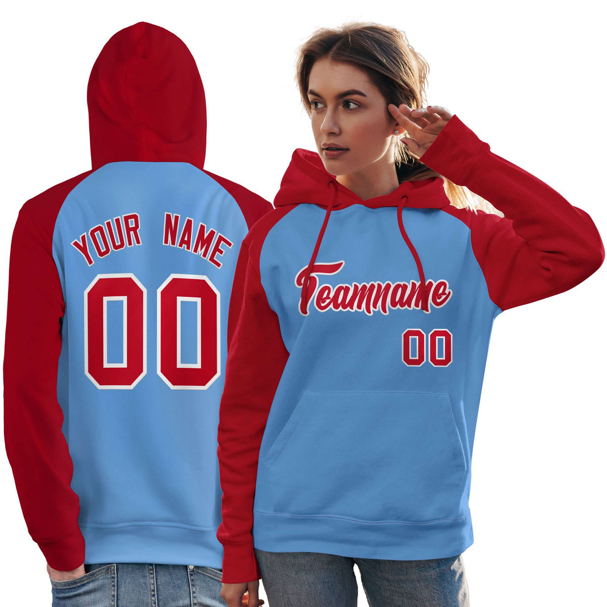 Custom Stitched Powder Blue Red Raglan Sleeves Sports Pullover Sweatshirt Hoodie For Women| KXKSHOP