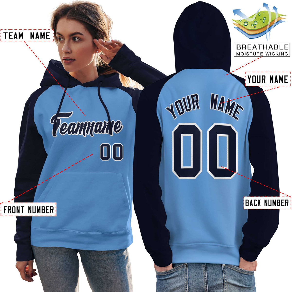 Custom Stitched Powder Blue Navy Raglan Sleeves Sports Pullover Sweatshirt Hoodie For Women| KXKSHOP