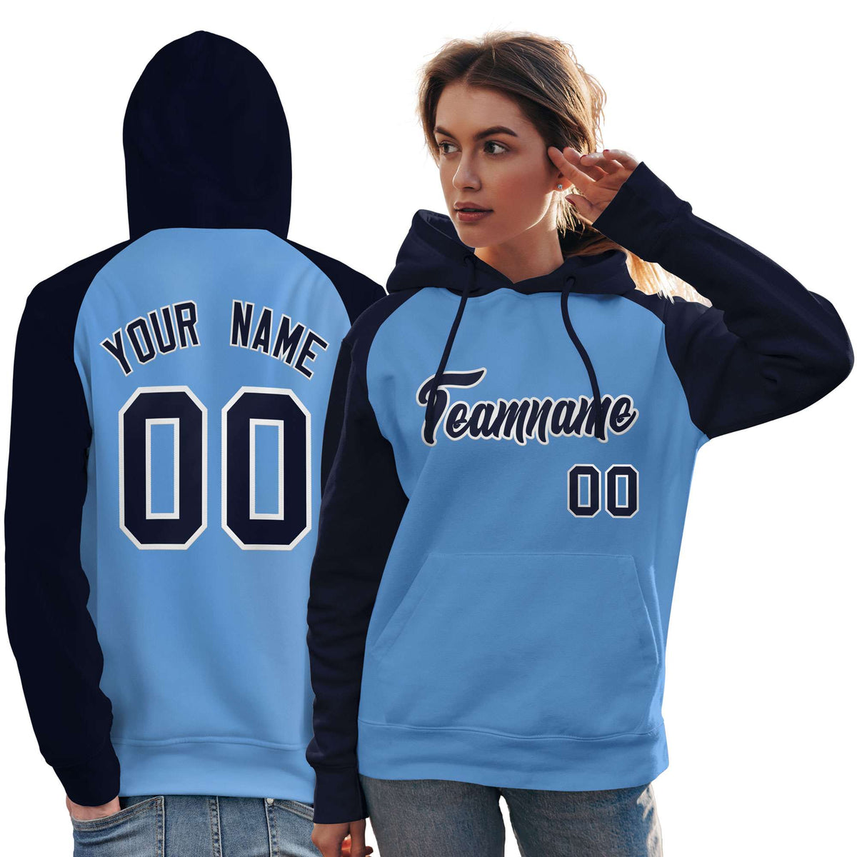 Custom Stitched Powder Blue Navy Raglan Sleeves Sports Pullover Sweatshirt Hoodie For Women| KXKSHOP