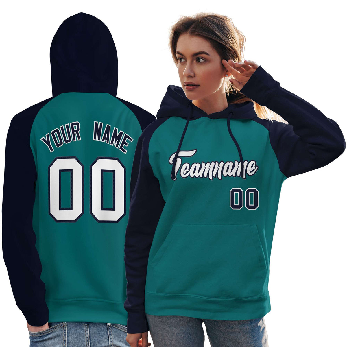 Custom Stitched Aqua Navy-White Raglan Sleeves Sports Pullover Sweatshirt Hoodie For Women| KXKSHOP