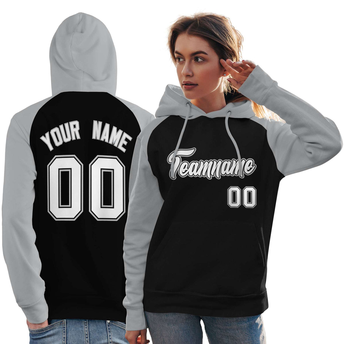 Custom Stitched Black Gray-White Raglan Sleeves Sports Pullover Sweatshirt Hoodie For Women| KXKSHOP