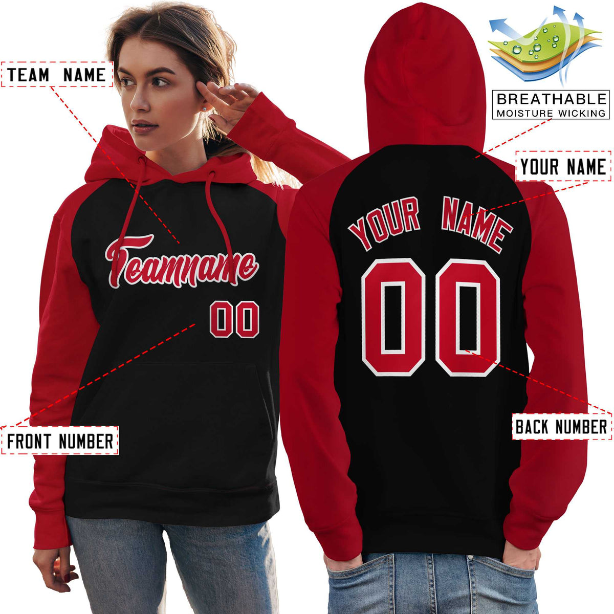 Custom Stitched Black Red Raglan Sleeves Sports Pullover Sweatshirt Hoodie For Women| KXKSHOP