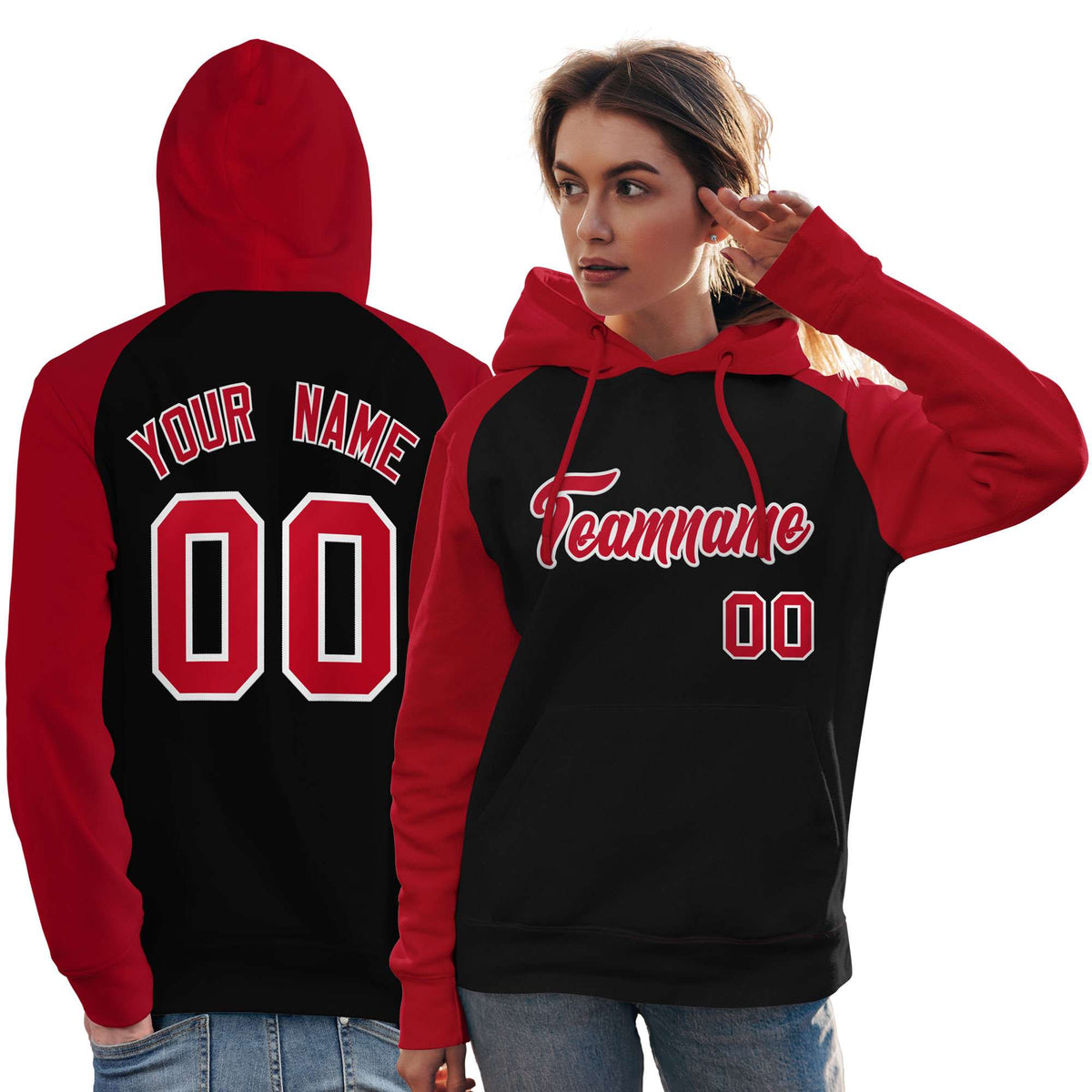 Custom Stitched Black Red Raglan Sleeves Sports Pullover Sweatshirt Hoodie For Women| KXKSHOP