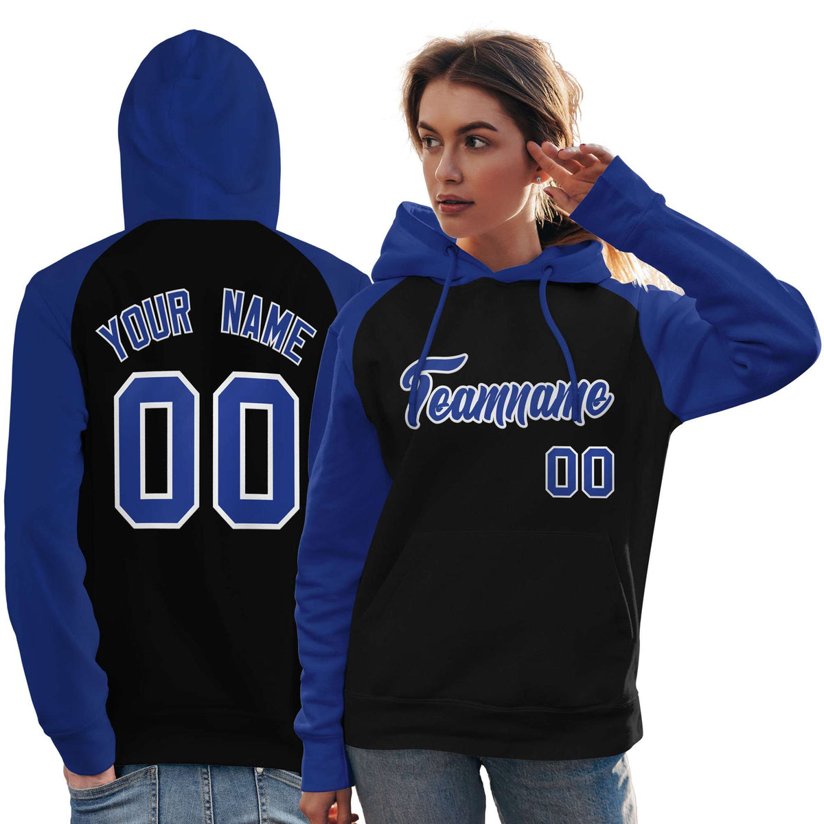 Custom Stitched Black Royal Raglan Sleeves Sports Pullover Sweatshirt Hoodie For Women| KXKSHOP