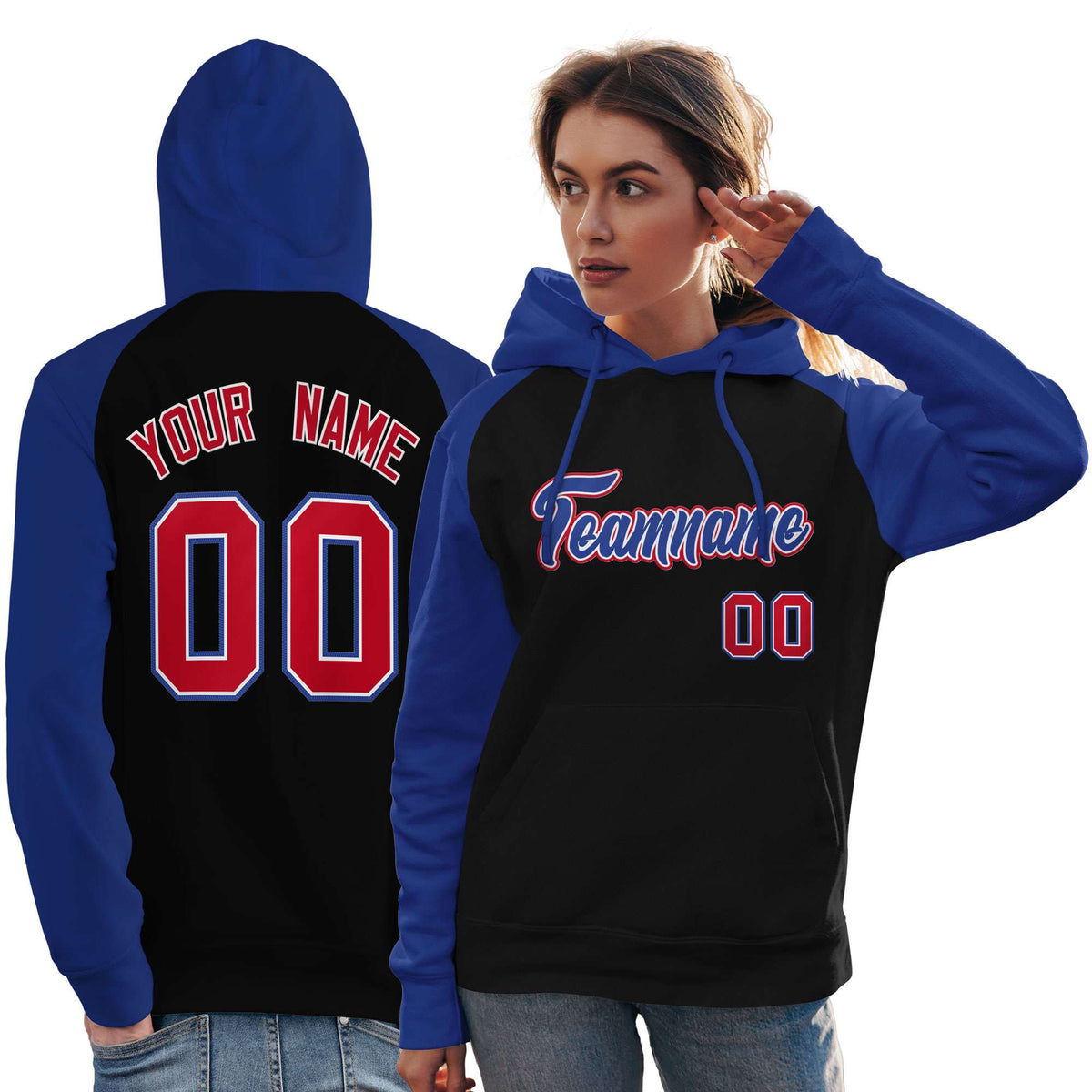 Custom Stitched Black Royal Raglan Sleeves Sports Pullover Sweatshirt Hoodie For Women| KXKSHOP