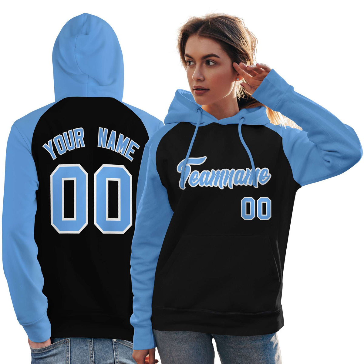 Custom Stitched Black Powder Blue Raglan Sleeves Sports Pullover Sweatshirt Hoodie For Women| KXKSHOP