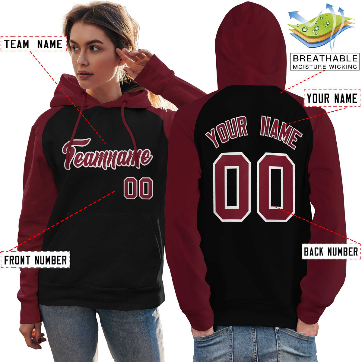 Custom Stitched Black Crimson Raglan Sleeves Sports Pullover Sweatshirt Hoodie For Women| KXKSHOP
