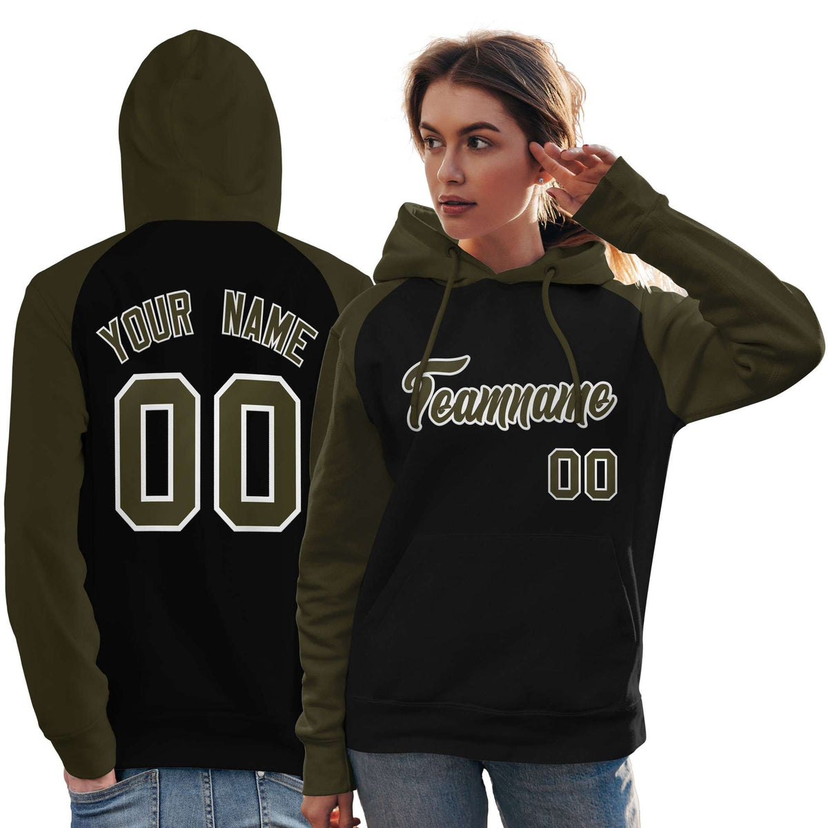 Custom Stitched Black Olive Raglan Sleeves Sports Pullover Sweatshirt Hoodie For Women| KXKSHOP