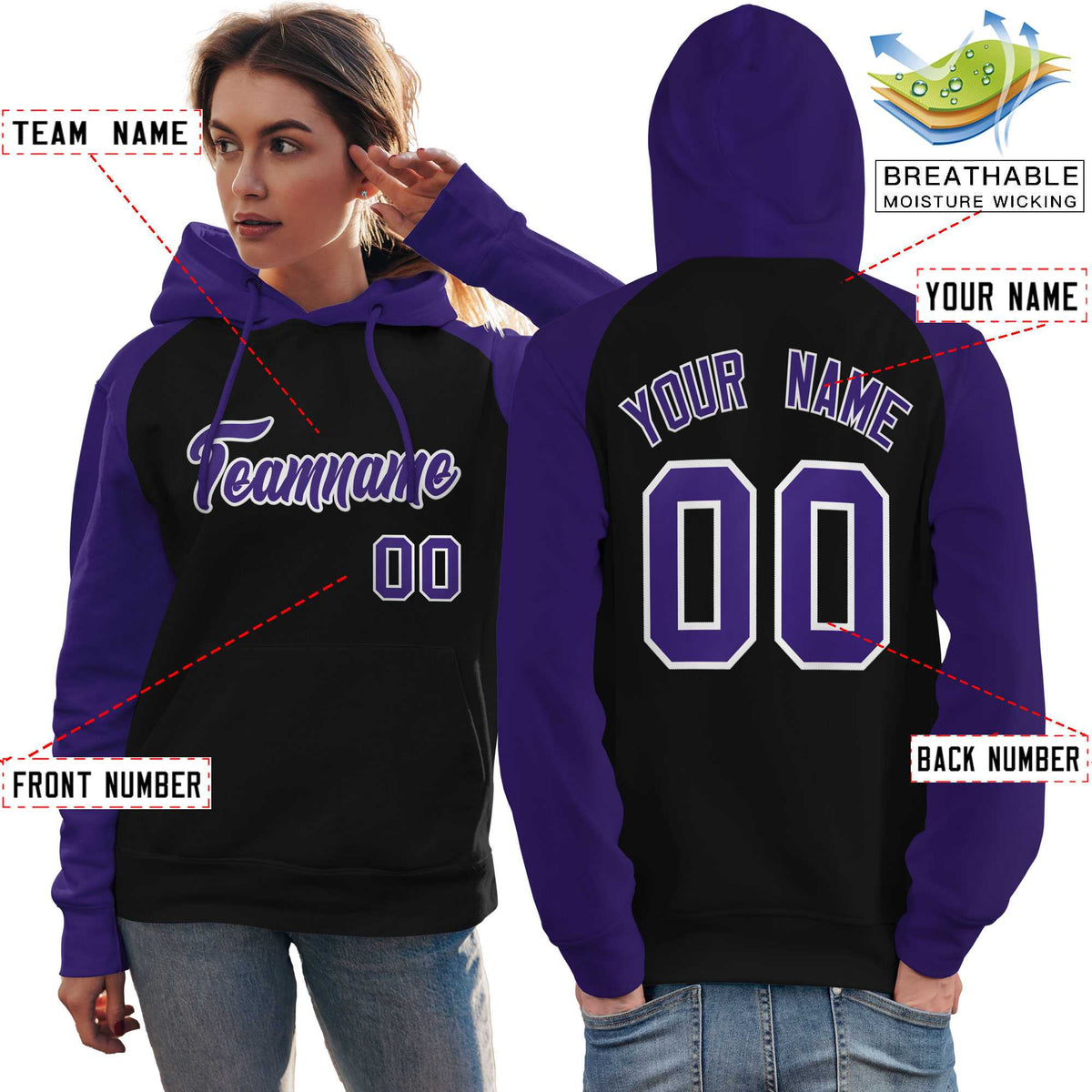 Custom Stitched Black Purple Raglan Sleeves Sports Pullover Sweatshirt Hoodie For Women| KXKSHOP