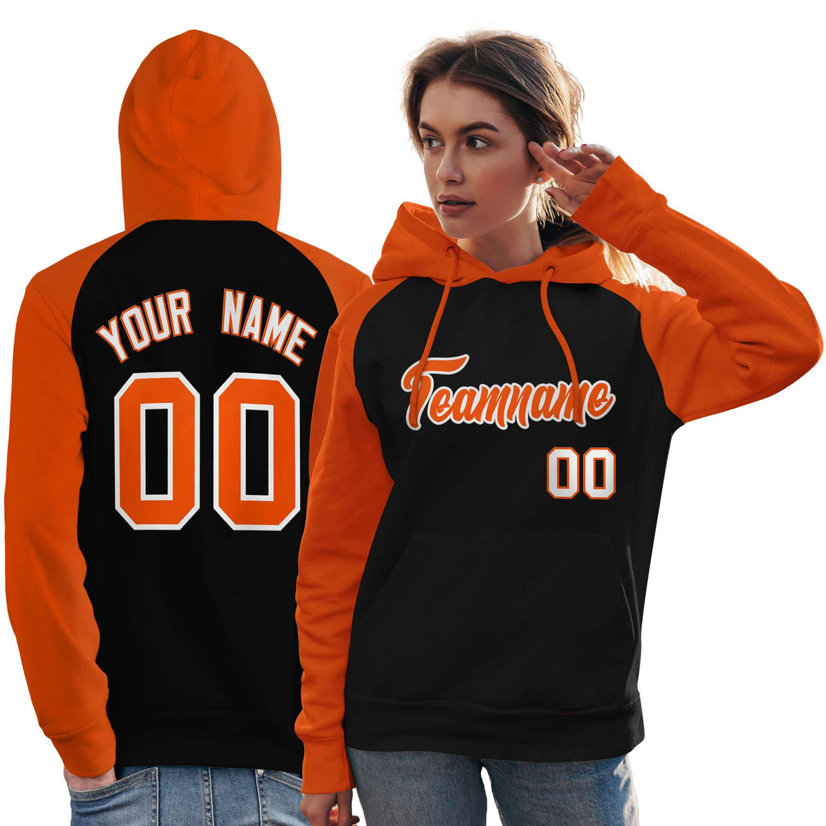 Custom Stitched Black Orange Raglan Sleeves Sports Pullover Sweatshirt Hoodie For Women| KXKSHOP