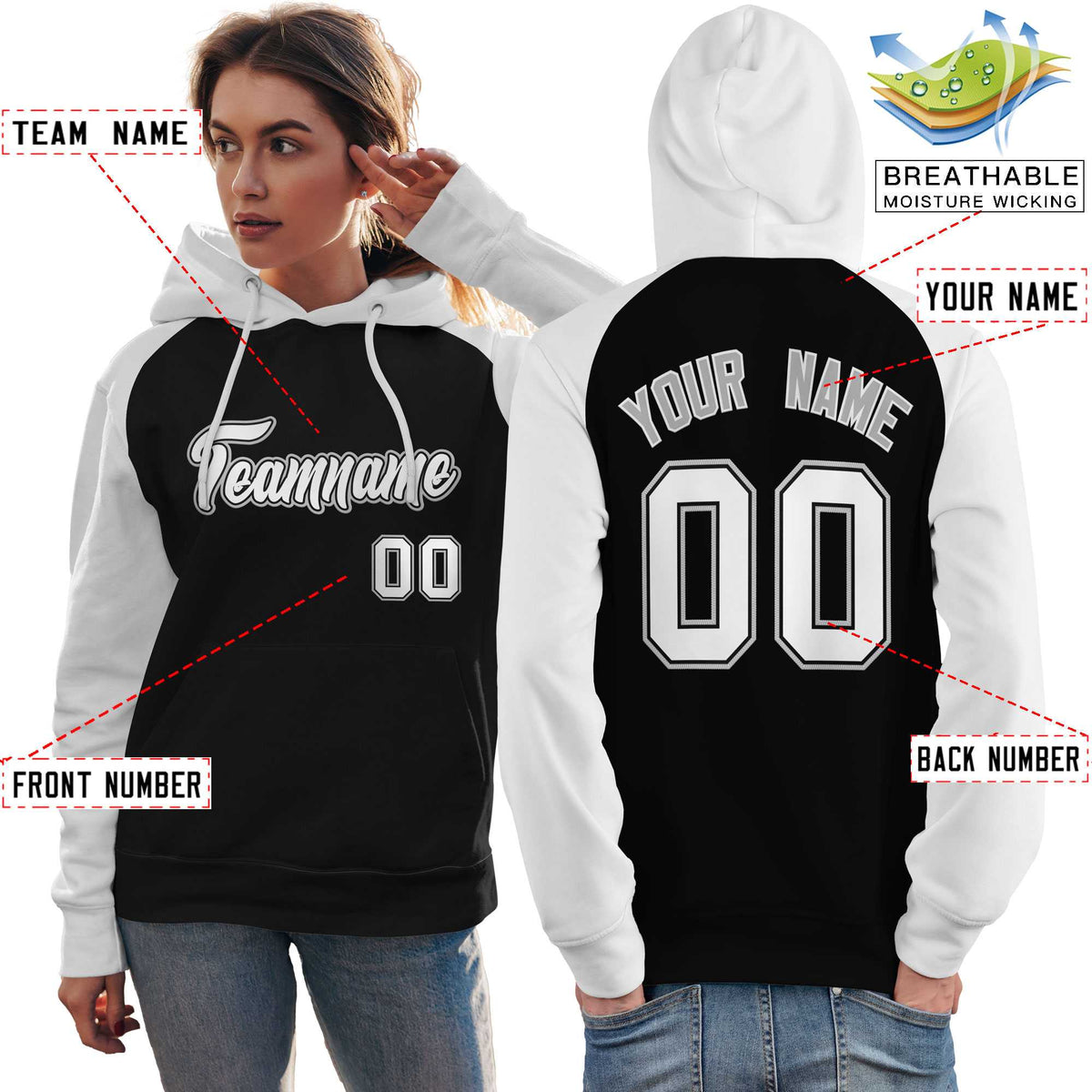 Custom Stitched Black White Raglan Sleeves Sports Pullover Sweatshirt Hoodie For Women| KXKSHOP