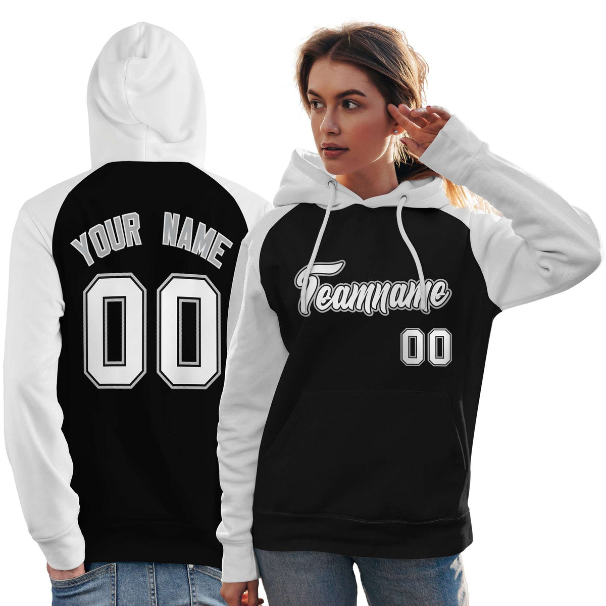 Custom Stitched Black White Raglan Sleeves Sports Pullover Sweatshirt Hoodie For Women| KXKSHOP